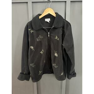 Jennifer Moore fleece jacket a sherpa collar and embroidered holiday motifs Sz M